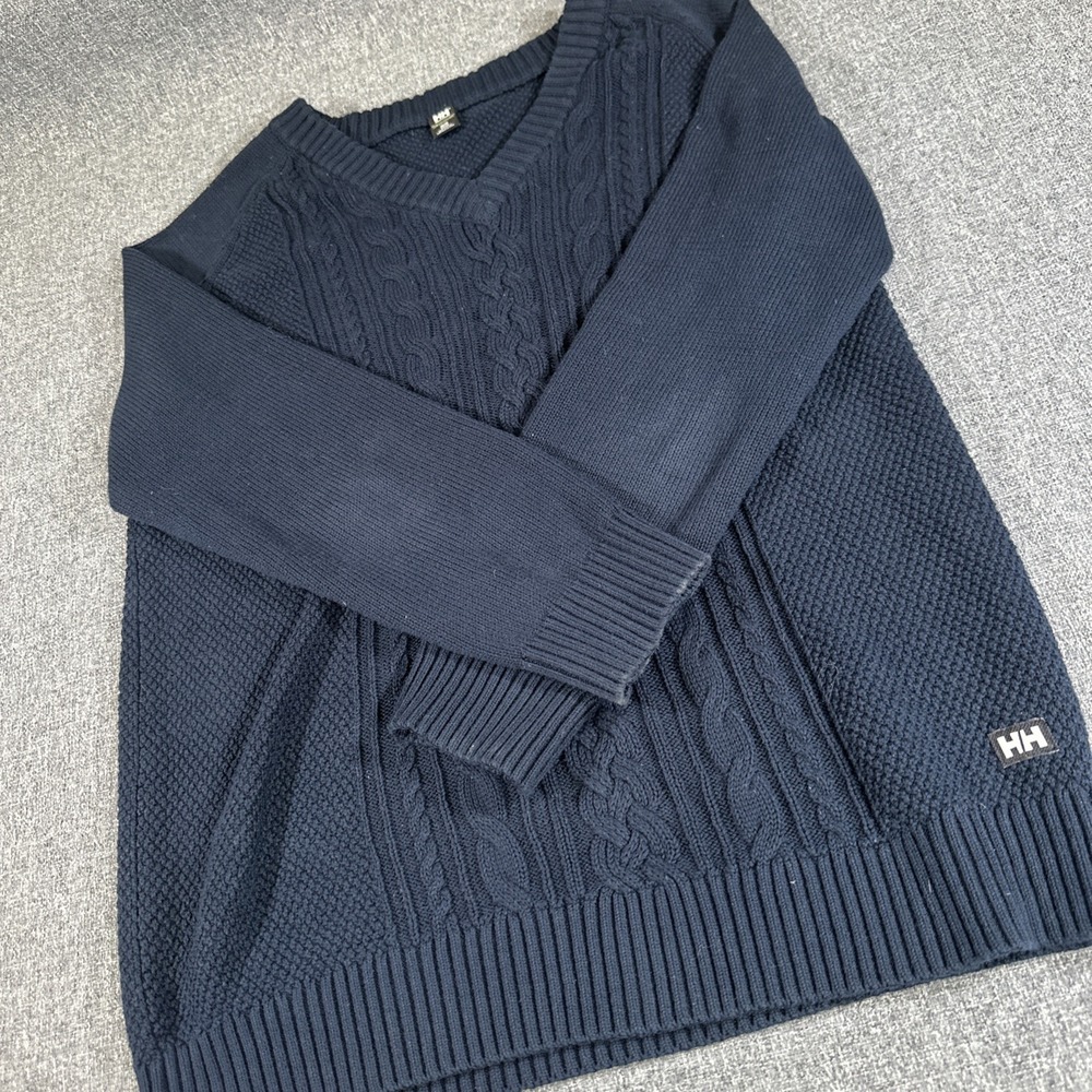 Helly Hansen Cable Knit‎ Sweater Mens M Navy Blue V Neck Fisherman Cotton